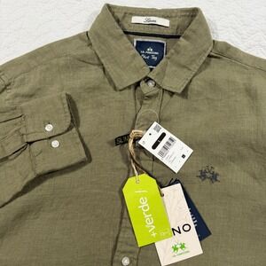 La Martina Buenos Aires 100% Linen Button Down Shirt Mens L Olive Slim Fit NWT